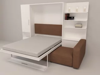 Шкаф-диван-кровать Смарт 1 левый с полкой и пуфом 1400 Белая шагрень