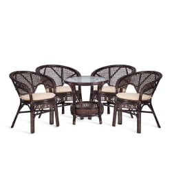 Комплект PELANGI 02/15 ( стол со стеклом + 4 кресла ) [с подушками] ротанг, кресло 65х65х77см, стол диаметр 64х61см, walnut (грецкий орех)