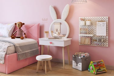 Детский стол со стульчиками Зайка MK-0019 белое дерево/белый (плюш)