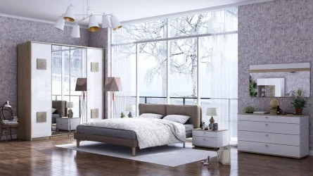 Шкаф трехстворчатый с зеркалом и декоративными накладками Фиджи 004 Дуб Золотой Белый