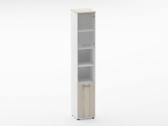 Шкаф 5 узкий верх стеклянная дверь, низ закрытый, две полки открытые Deka 10.23.19Пр Дуб Сантана светлый/Белый