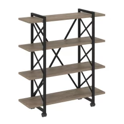 Стеллаж на колесных опорах - 4 полки ЛОФТ  ВР.Л-МСТ.К-4.8В Металл черный Тиквуд темный / LOFT VR.L-MST.K-4.8V