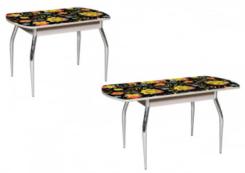 Стол раздвижной 1,45 Грация, СТЕКЛО, опоры изогнутые ХРОМ, Дуб беленый/Узор-1