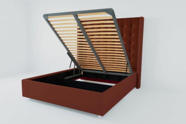 Мягкая интерьерная кровать "Венеция Люкс" с подъемным механизмом Материал фасада: Велюр; Спальное место: 2000х2000 мм; Цвет фасада: Бордо; Цвет корпуса: Бордо 