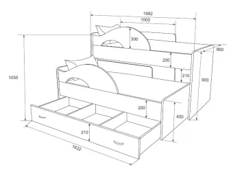 Кровать выкатная двухъярусная РАДУГА Без ящика Дуб млечный / Голубой