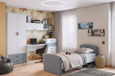 Детская кровать Стич с мягкими спинками, ясень анкор светлый/велюр NEO 25