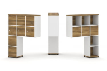 Надставка на стол высокая двухсторонняя + задняя стенка (8 шт.) + распашной фасад (3 шт.) CОНCЕПТ CН.ДНВ-010 Сандал Янтарный Белый бриллиант Черный металл / CONCEPT CN.DNV-010