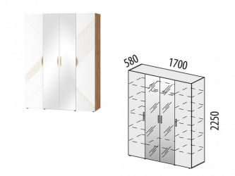 Шкаф четырехдверный с зеркалом (лев/прав) Монако 903.14 Дуб Вотан / Белый шпон / Альпийский белый