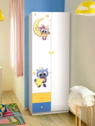 Шкаф 2-х дверный с ящиками и фотопечатью Совята 2.1 Белый/Ярко-розовый/Синий