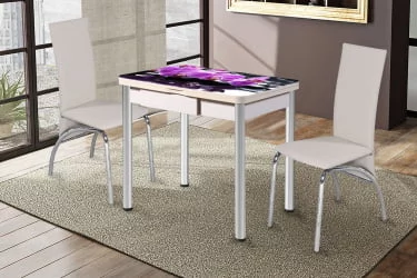 Круглый раздвижной стол Ника с ящиком СТЕКЛО, опоры D50 круглые ХРОМ, Беленый дуб/139222259