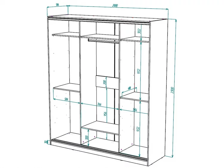 Шкаф-купе 2-х дверный Виктория 2000х584х2300, Бодега светлая 20ДЛДЗ-ПППЯ-Бс 310-1657_2