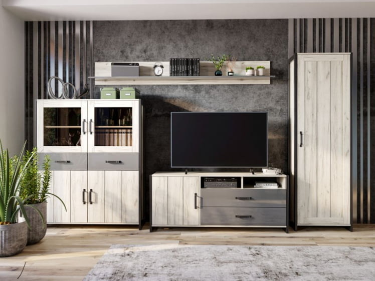 Гостиная Техно №6 Дуб Крафт белый Серый шифер_1