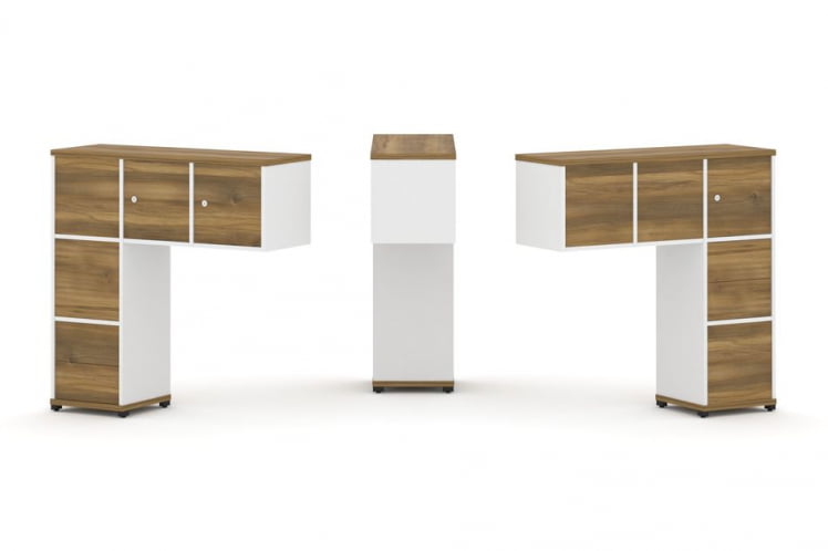 Надставка на стол низкая двухсторонняя + задняя стенка (5 шт.) + блок с 2-мя ящиками (2 шт.) + распашной фасад (3 шт.) CONCEPT CN.DNN-005 Сандал Янтарный Белый бриллиант Черный металл_0