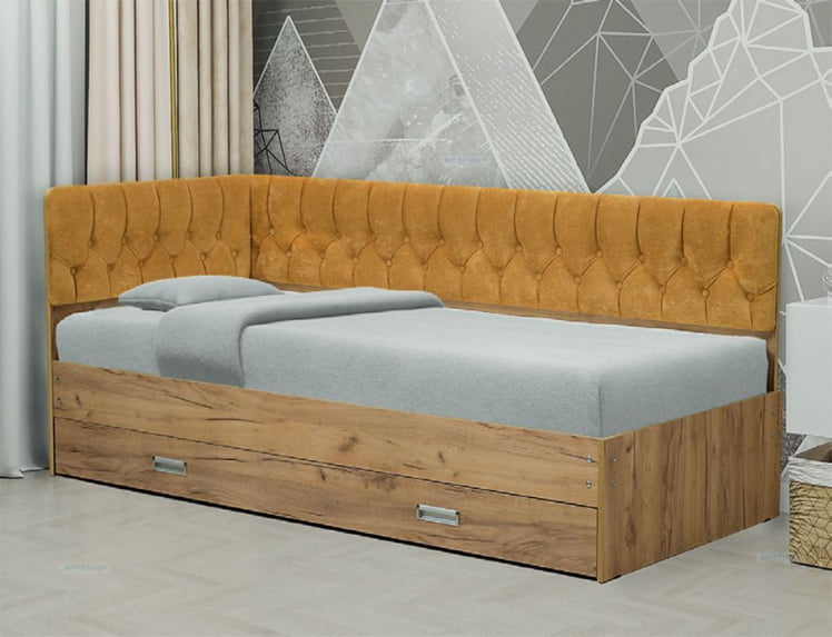 Кровать с продольной мягкой спинкой (левая) Софа №16 (900х2000) Дуб Крафт белый Велюр 006_0