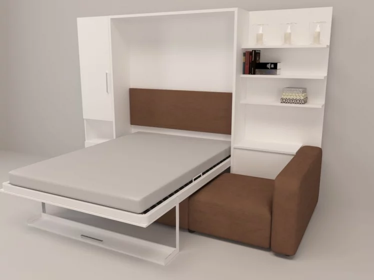 Шкаф-диван-кровать Смарт 1 левый с полкой и пуфом 1400 Белая шагрень_1