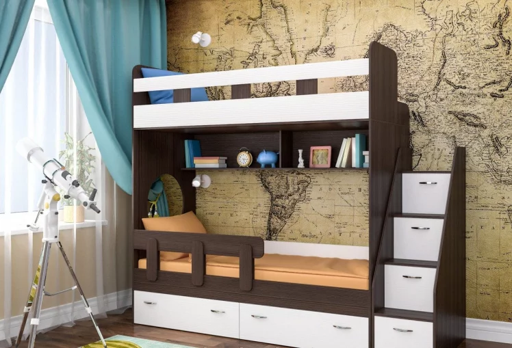 Кровать Юниор 1 (без бортика) корпус Венге фасады Белое дерево_0