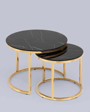 Журнальный столик Селена 60 и 45 см стекло Черный мрамор сталь золото_5