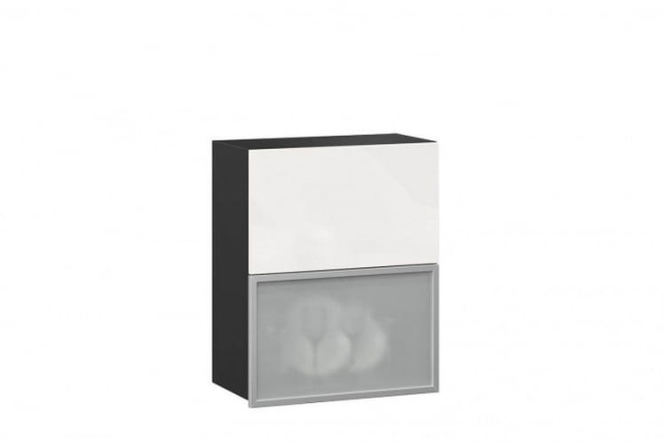 Шкаф кухонный 600 горизонтальный с 2 складными дверями комбинированный со стеклом Шервуд ЛД 281.971.000.086 Черный Белый глянец_0
