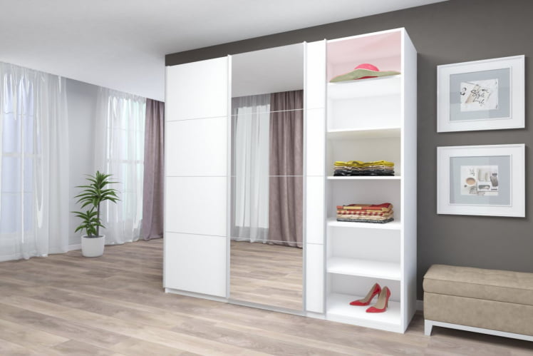 Шкаф-купе трехдверный Прайм 2100 ДСП/Зеркало/ДСП Белый снег_3