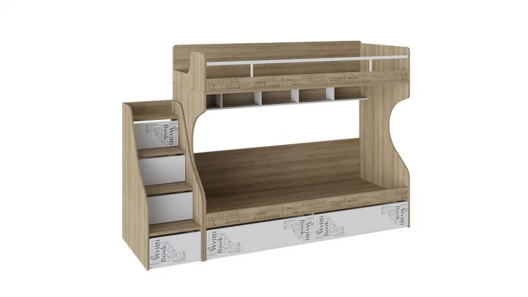 Кровать 2-х ярусная с лестницей приставной с ящиками Оксфорд СМ-139.11.012 Ривьера Белый с рисунком_0