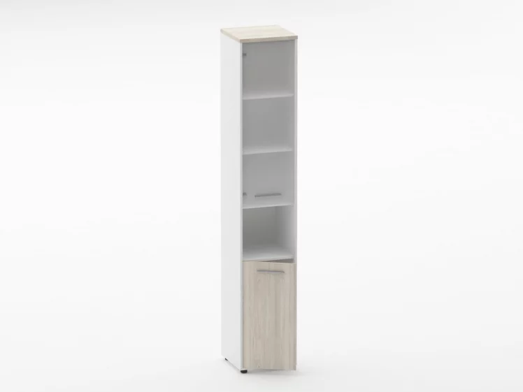 Шкаф 5 узкий верх стеклянная дверь, низ закрытый, с нишей Deka 10.23.18Л Дуб Сантана светлый/Белый_1