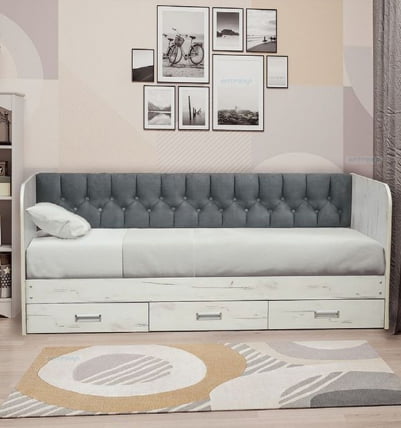 Кровать с продольной мягкой спинкой Софа №14 (800х2000) Дуб Крафт серый Велюр 006_0