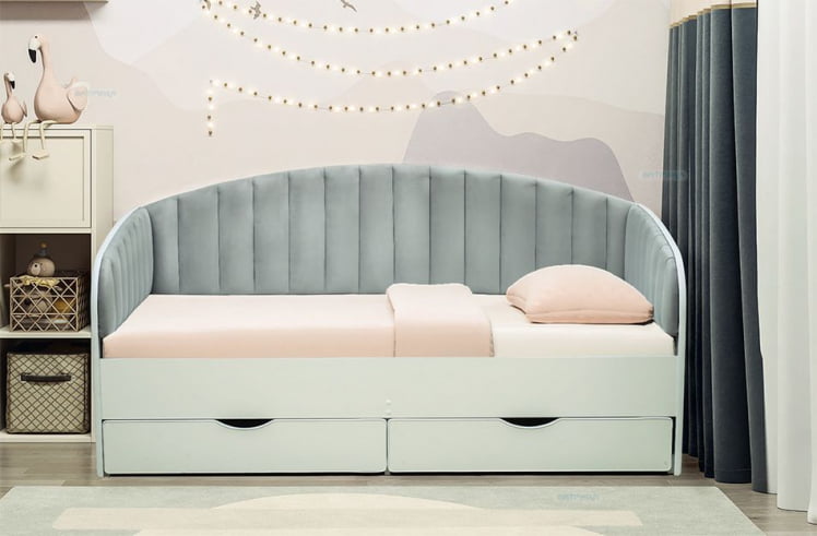 Кровать с продольной мягкой спинкой Софа №12.1 (800х1600) Ясень Анкор светлый Велюр 336_0