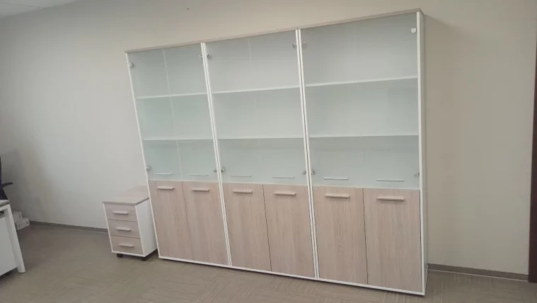 Шкаф 4 широкий верх стеклянные двери, низ закрытый Deka 10.19.171 Дуб Сантана светлый/Белый_3