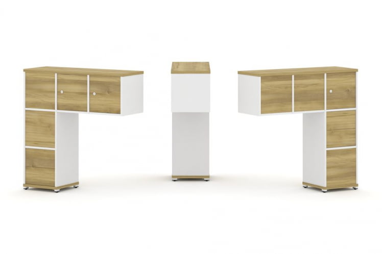 Надставка на стол низкая двухсторонняя + задняя стенка (5 шт.) + блок с 2-мя ящиками (2 шт.) + распашной фасад (3 шт.) CONCEPT CN.DNN-005 Дуб Винченцо Белый бриллиант Белый металл_0