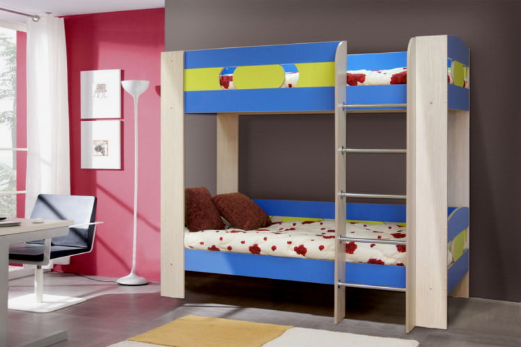 Кровать 2х ярусная №6 Дуб молочный/Синий/Лайм_0