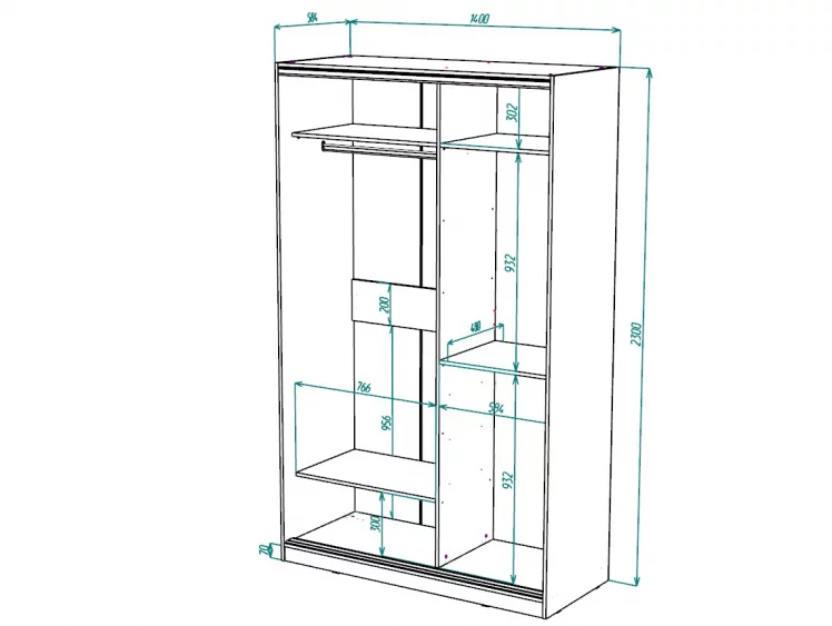 Шкаф-купе 2-х дверный Виктория 1400х584х2300, Дуб сонома светлый 14ДЗДЗ-ШЯ-Дсс 310-217_2