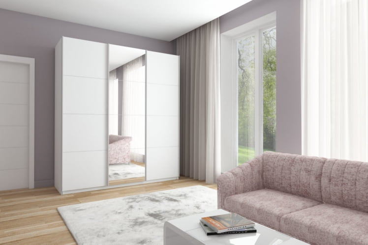 Шкаф-купе трехдверный Прайм 1800 ДСП/Зеркало/ДСП Белый снег_2