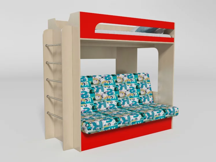 Кровать 2х ярусная №9 с диваном-кроватью Дуб молочный/Красный_0