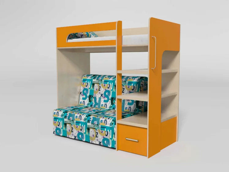 Кровать 2х ярусная №10 с диваном-Аккордеон Дуб молочный/Манго_0