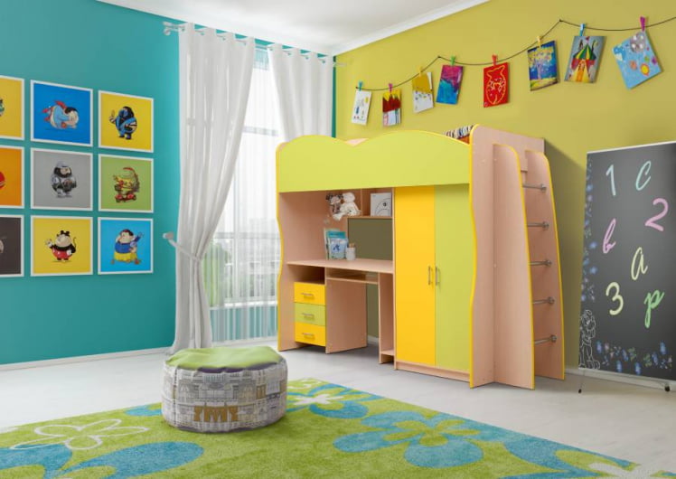 Детский уголок Юниор-3.1 Дуб молочный/Синий/Желтый_0