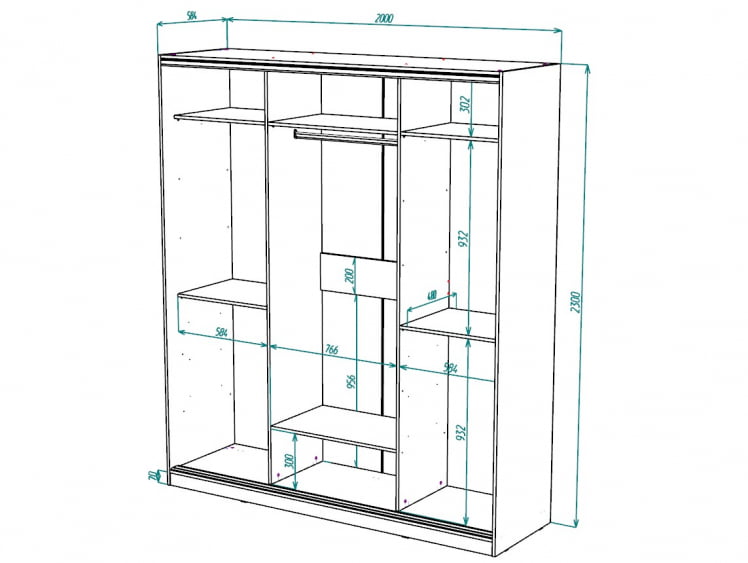 Шкаф-купе 3-х дверный Виктория 2000х584х2300, Дуб сонома светлый 20ДЛЛЛДЗДЛЛЛ-ПППП-Дсс 310-2472_2
