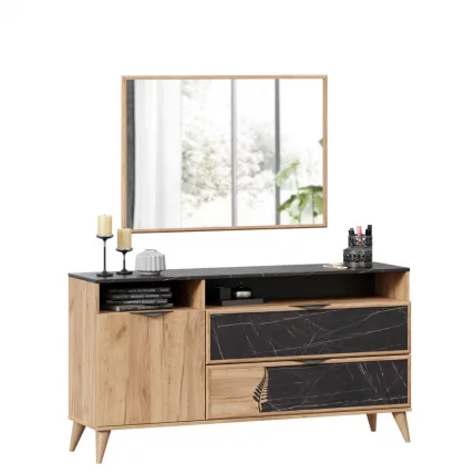 Комод 1500 Шелли с зеркалом Дуб золотой Камень Пьетра чёрный_0