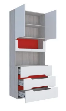 Стеллаж с ящиками Палермо Юниор 04  Белый глянец Ясень шимо светлый Красный_2