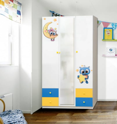 Шкаф 3-х дверный с ящиками и фотопечатью Совята 3.2 Белый/Оранжевый/Желтый_0