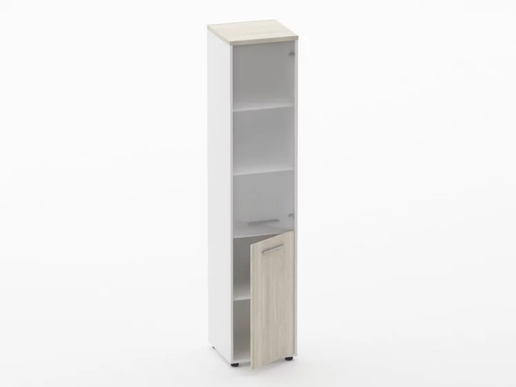 Шкаф 4 узкий верх стеклянная дверь, низ закрытый Deka 10.19.17Пр Дуб Сантана светлый/Белый_1