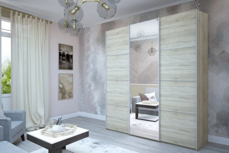 Шкаф-купе трехдверный Прайм 2100 ДСП/Зеркало/ДСП Дуб сонома_2