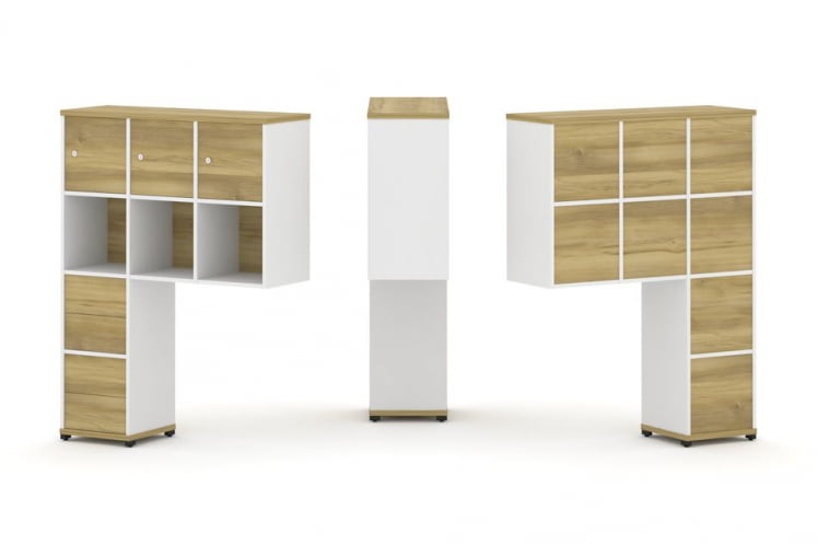 Надставка на стол высокая односторонняя + задняя стенка (8 шт.) + блок с 2-мя ящиками (2 шт.) + распашной фасад (3 шт.) CONCEPT CN.ONV-006 Дуб Винченцо Белый бриллиант Черный  металл_0