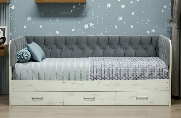 Кровать с продольной мягкой спинкой Софа №14.1 (900х2000) Дуб Сонома светлый Велюр 001_0