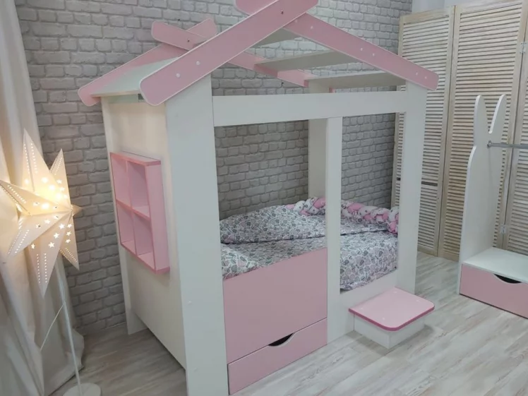 Ящик и ступенька для кровати Теремок Белый-Розовый_1