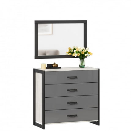 Комод с 4 ящиками с зеркалом Техно 050 Дуб Крафт белый Серый шифер_2