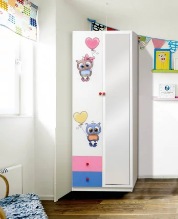 Шкаф 2-х дверный с ящиками и фотопечатью Совята 2.2 Белый/Ярко-розовый/Синий_0