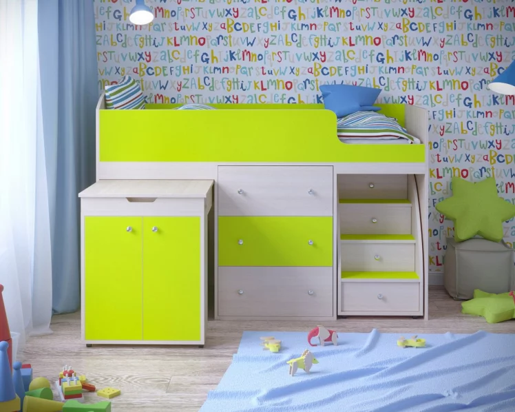 Кровать чердак Малыш Дуб/Лайм_1