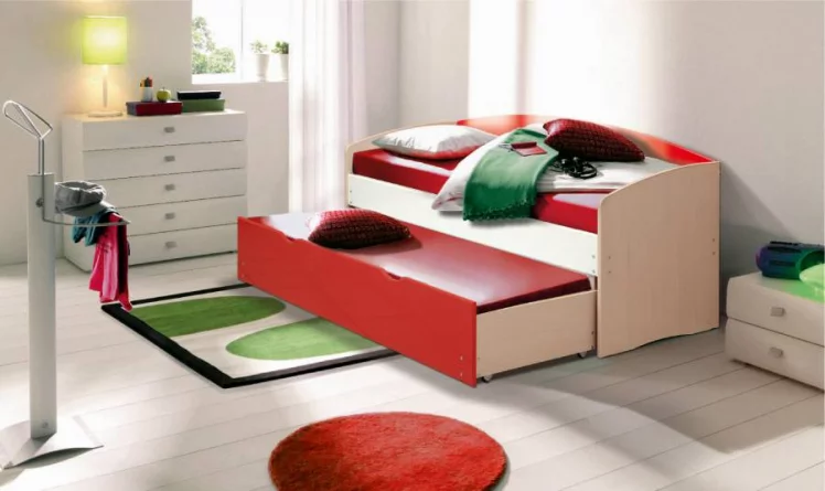 Кровать детская выдвижная Дуб молочный/Красный/Белый матовый_0