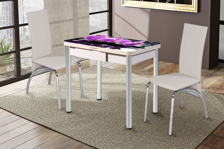 Стол поворотно-раскладной 1,2 Ника с ящиком СТЕКЛО, опоры D50 круглые ХРОМ, Беленый дуб/139222259_0