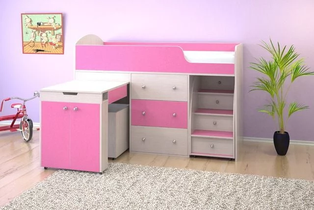 Кровать чердак Малыш Дуб/Розовый_1